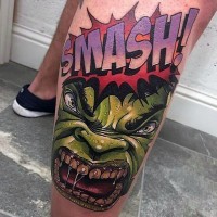 Comic books style amazing colored leg tattoo of angry hulk face and lettering