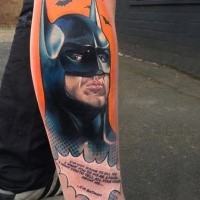 Comic books style colored leg tattoo of Batman and lettering