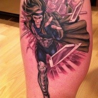 Comic books style colored leg tattoo of fantasy warrior with cards