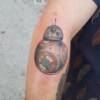 Comic books style colored little forearm tattoo of new droid