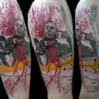 Comic books style colored shoulder tattoo of man with pistol