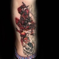 Comic books style colored side tattoo of angry Deadpool