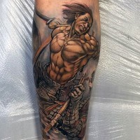 Comic books style colored vintage warrior tattoo on leg