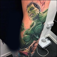 Comic books style painted colored half sleeve tattoo of Thor and Hulk