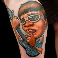 Comic books style painted funny leg tattoo of man with guitar and glasses