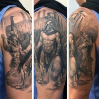 Cool 3D like black ink detailed Greece warriors half sleeve zone tattoo
