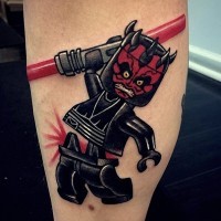 Cool 3D like colored Lego Star Wars Sith hero tattoo on leg