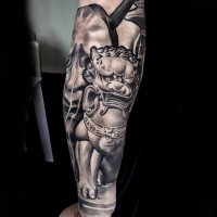 Cool 3D style colored forearm tattoo of Asian style tiger statue