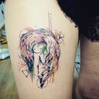 Cool abstract style colored thigh tattoo of fox with various geometrical figures