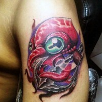 Cool alien like multicolored squid on anchor shoulder tattoo