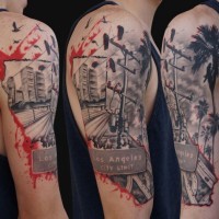 Cool American city dedicated great colored photo like tattoo on shoulder