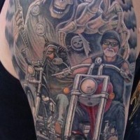 Cool bikers and inexorable death tattoo on shoulder