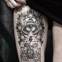 Cool black geometric tattoo on thigh by daniel meyer
