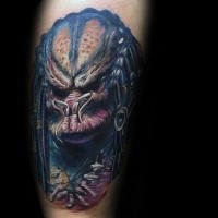 Cool black ink leg tattoo of terrifying Predator