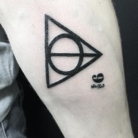 Cool black ink triangle and circle tattoo on forearm stylized with numbers