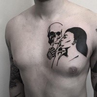 Cool blackwork style chest tattoo of smoking woman with skeleton