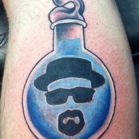 Cool cartoon like colored bottle with liquid tattoo on leg stylized with Breaking Bad hero portrait