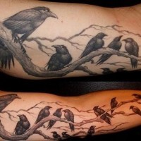Cooles cartonisches langes dünnes Tattoo mit Krähen, die auf Baum sitzt