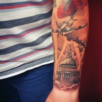 Cool colorful military tattoo with building on sleeve