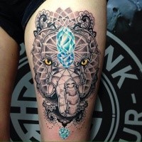 Cool combined stippling style elephant tattoo on thigh with big blue diamonds