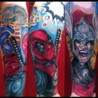 Cool comic books colored forearm tattoo of Deadpool and Thor