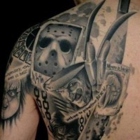 Cool comic books style black and white back and shoulder tattoo of various horror movies heroes