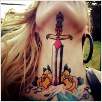Cool dagger with yellow roses tattoo on neck