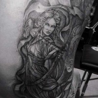 Cool designed black and white amazing female archer tattoo on side
