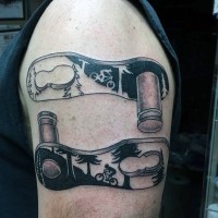 Cool designed black and white bicycle themed chain parts tattoo on shoulder