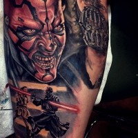 Cool designed very detailed natural colored various movie evil heroes tattoo on biceps