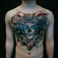 Cool detailed colored 3D chest tattoo of samurai skull with crossed swords