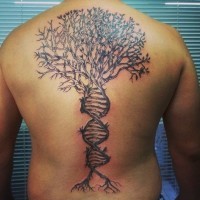 Cool DNA shaped black ink whole back tattoo of lonely tree