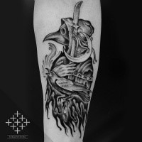 Cool dot style forearm tattoo of plague doctor with crow and moon