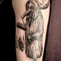 Cool dot style shoulder tattoo of plague doctor with mystic moon