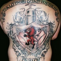 Tatuaje en la espalda, diseño detallado, escudo de plata con león rojo