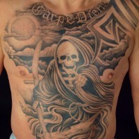Cool great grim reaper tattoo on chest and stomach