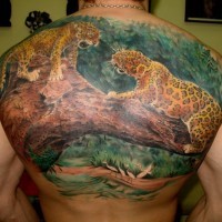 Tatuaje en la espalda,
leopardos en grueso tronco de árbol