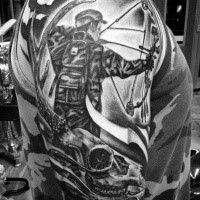 Cool hunting themed shoulder tattoo of man with bow and animal skull