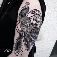 Cool illustrative style black ink shoulder tattoo of big peacock