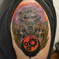 Cool illustrative style colored Fallout armor tattoo on shoulder