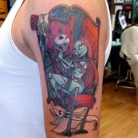 Cool illustrative style colored shoulder tattoo of Nightmare before Christmas heroes