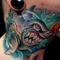 Cool illustrative style neck tattoo of evil shark