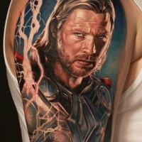 Cool illustrative style shoulder tattoo of Thor God