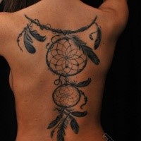 Cool looking back tattoo of dream catcher with feather