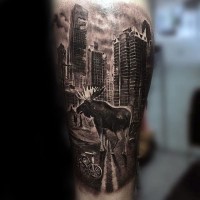 Cool looking black and white forearm tattoo of abandoned cite with animals