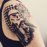 Cool looking black and white shoulder tattoo of Storm trooper in suit