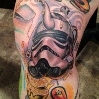 Cool looking cartoon style colored leg tattoo of storm troopers helmet shaped teapot