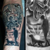Cool aussehendes farbiges Unterarm Tattoo von Jäger mit Jagdhund