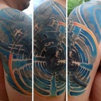 Cool looking colored illustrative style shoulder tattoo of WW2 fighter plane