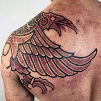 Cool looking colored large antic eagle tattoo on shoulder